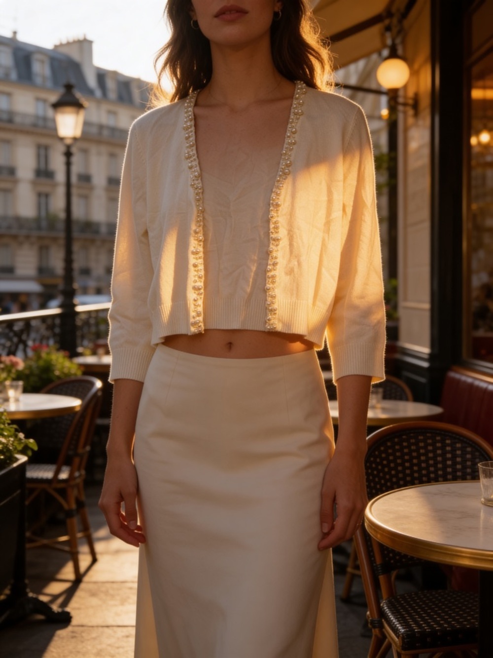 Ronni Nicole Cream Cropped Cardigan with Pearl Trim